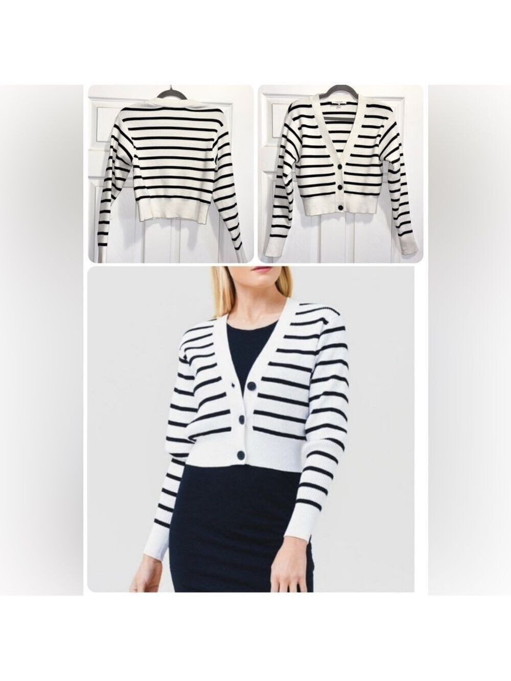 FRAME Relaxed Striped Rib-Knit Cardigan Black and White Stripes Size Small